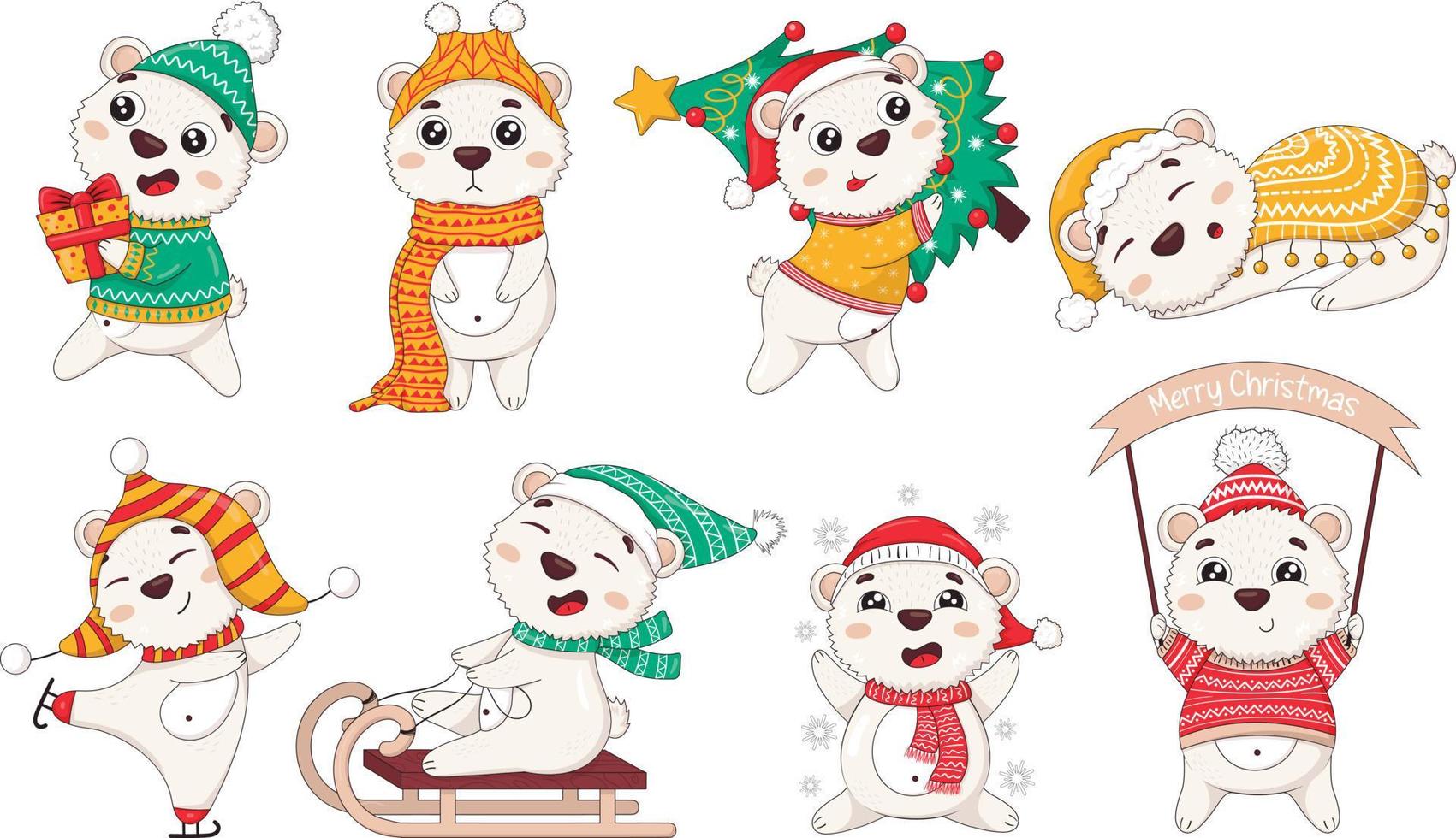 Bündel niedlicher Cartoon-Neujahrs-Eisbären in Winterkleidung mit Weihnachtsbaum, Schlittschuhlaufen, Rodeln, Schneeflocken fangen, Geschenke tragen, schlafen, vektor