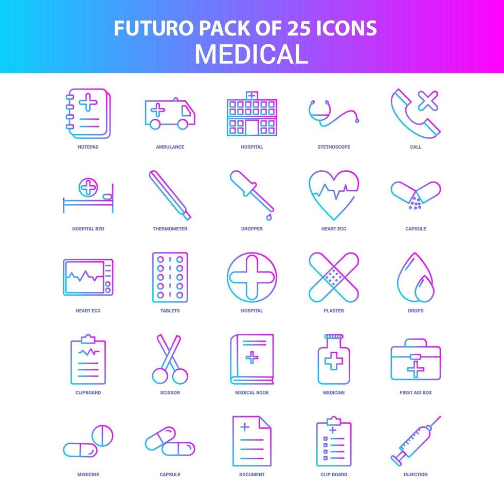 25 blaue und rosa Futuro Medical Icon Pack vektor