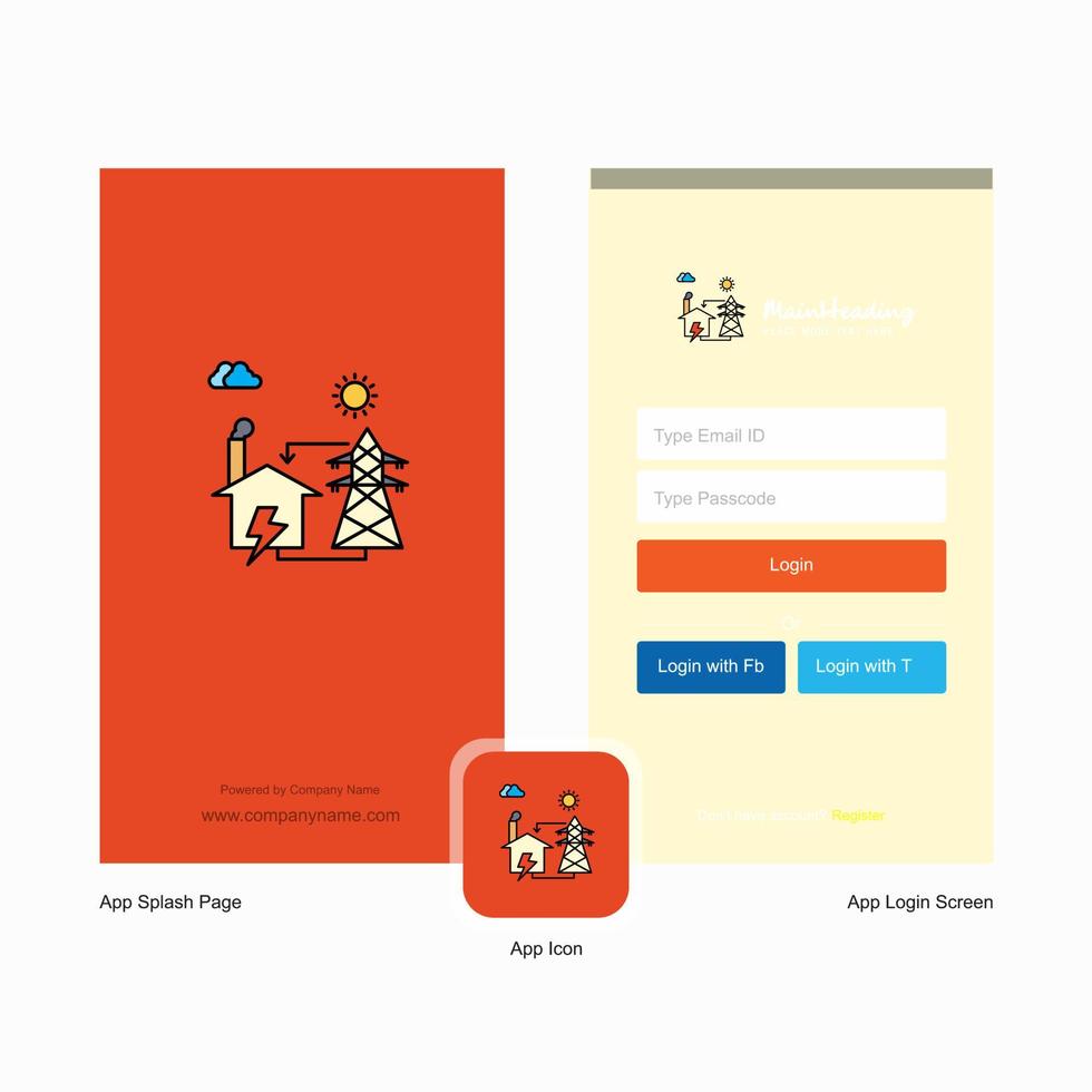 företag elektrisk kraft stänk skärm och logga in sida design med logotyp mall mobil uppkopplad företag mall vektor