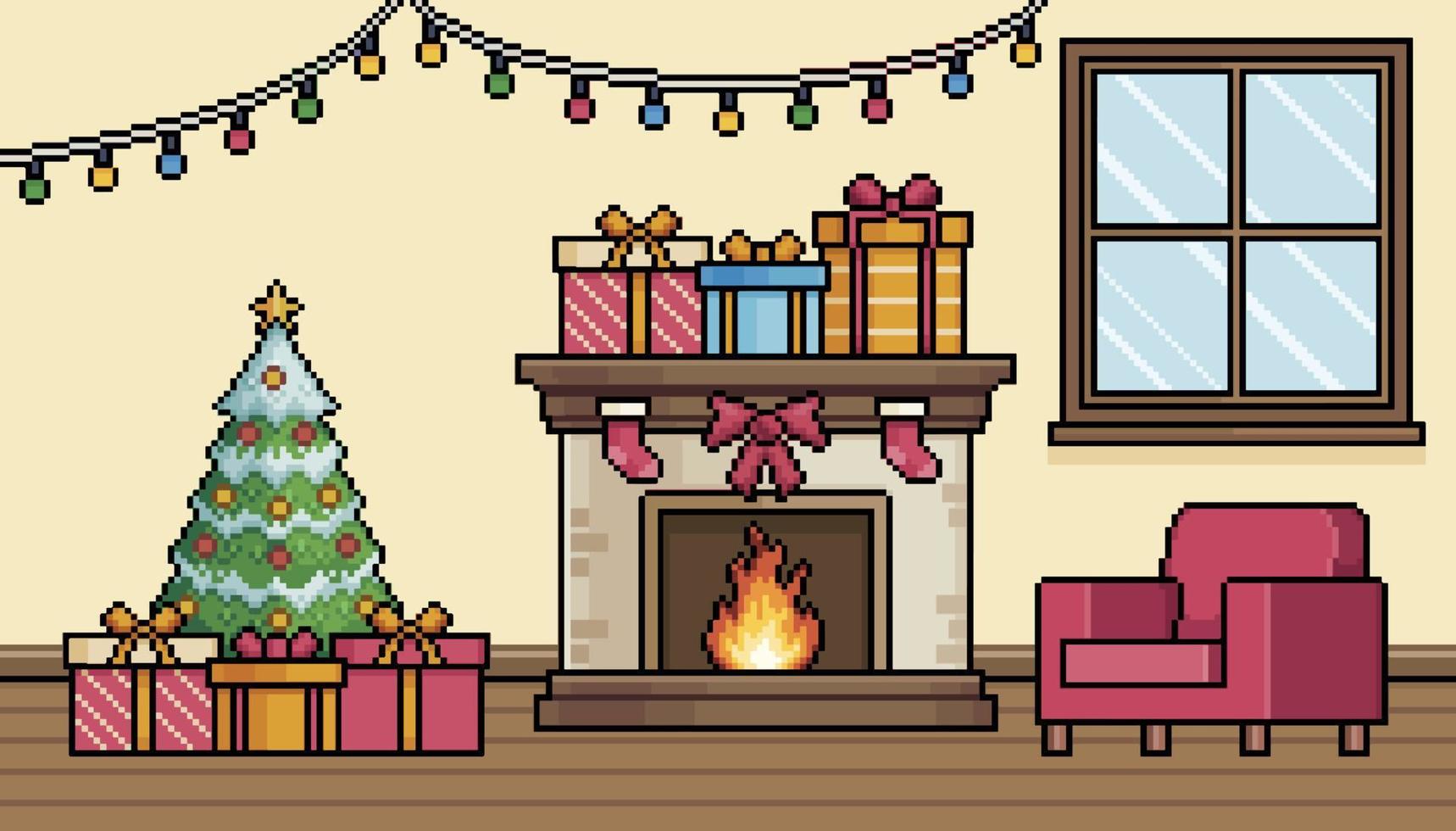 pixel konst levande rum med jul dekoration med öppen spis, jul träd och fåtölj bakgrund vektor för 8bit spel