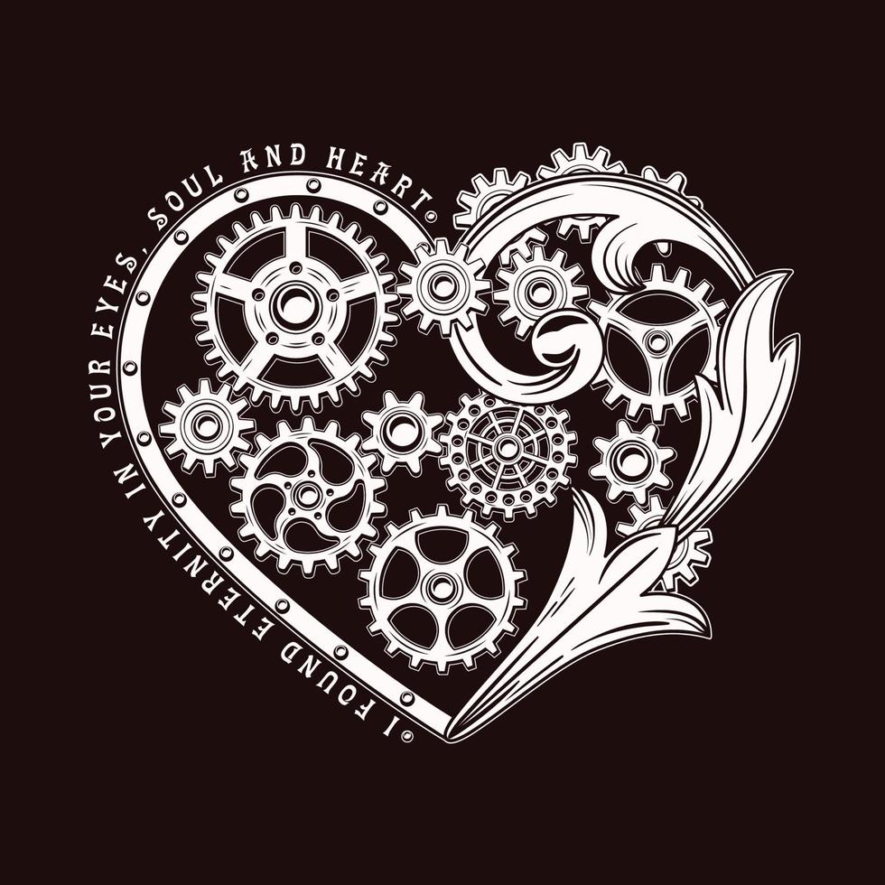 hjärta dekorerad med växlar, nitar och victorian element i steampunk stil. kärlek tema inskrift. vit emblem på mörk bakgrund. vektor
