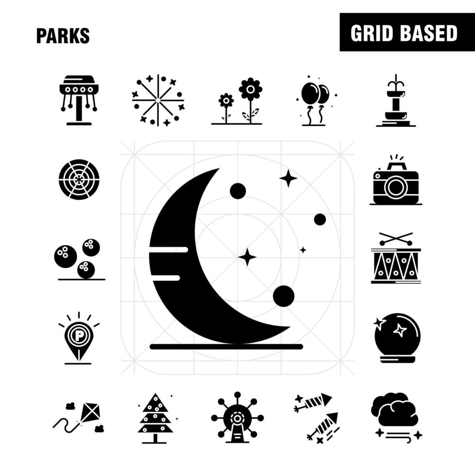 Parks feste Glyphensymbole, die für Infografiken, mobiles Uxui-Kit und Druckdesign festgelegt wurden, umfassen Schlagzeug, Instrument, Musik, Kartenstandort, Park, Parken, Welt, Symbolsatz, Vektor