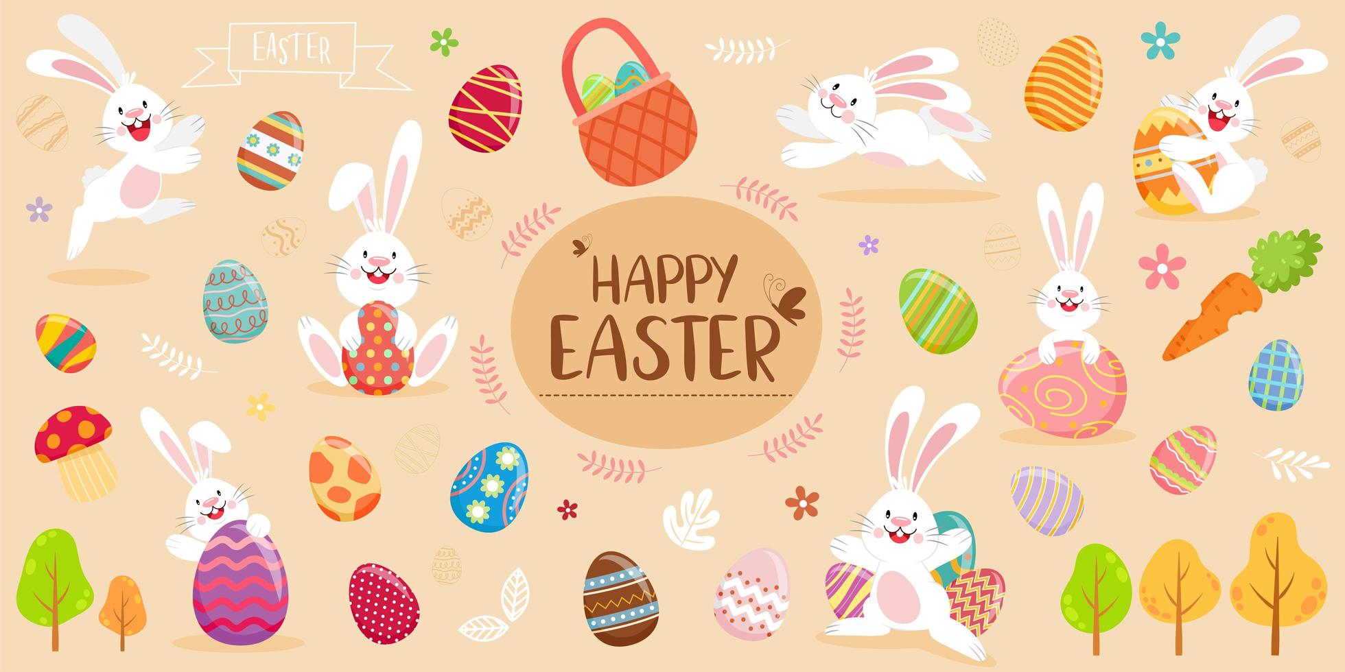 glad påsk banner med kaniner, ägg och lövverk vektor