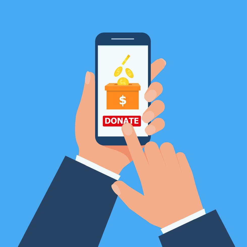 hand innehav smartphone och framställning uppkopplad donation. sätta pengar i till de donation låda i platt design. vektor
