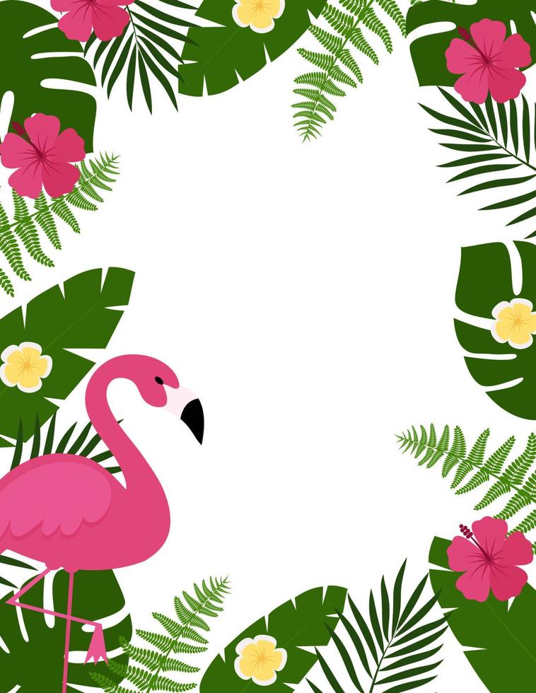 sommerpostkartenhintergrund mit tropischen pflanzen und blumen, flamingos. für Typografie, Banner, Poster, Partyeinladung. Vektorillustration Folge 10 vektor