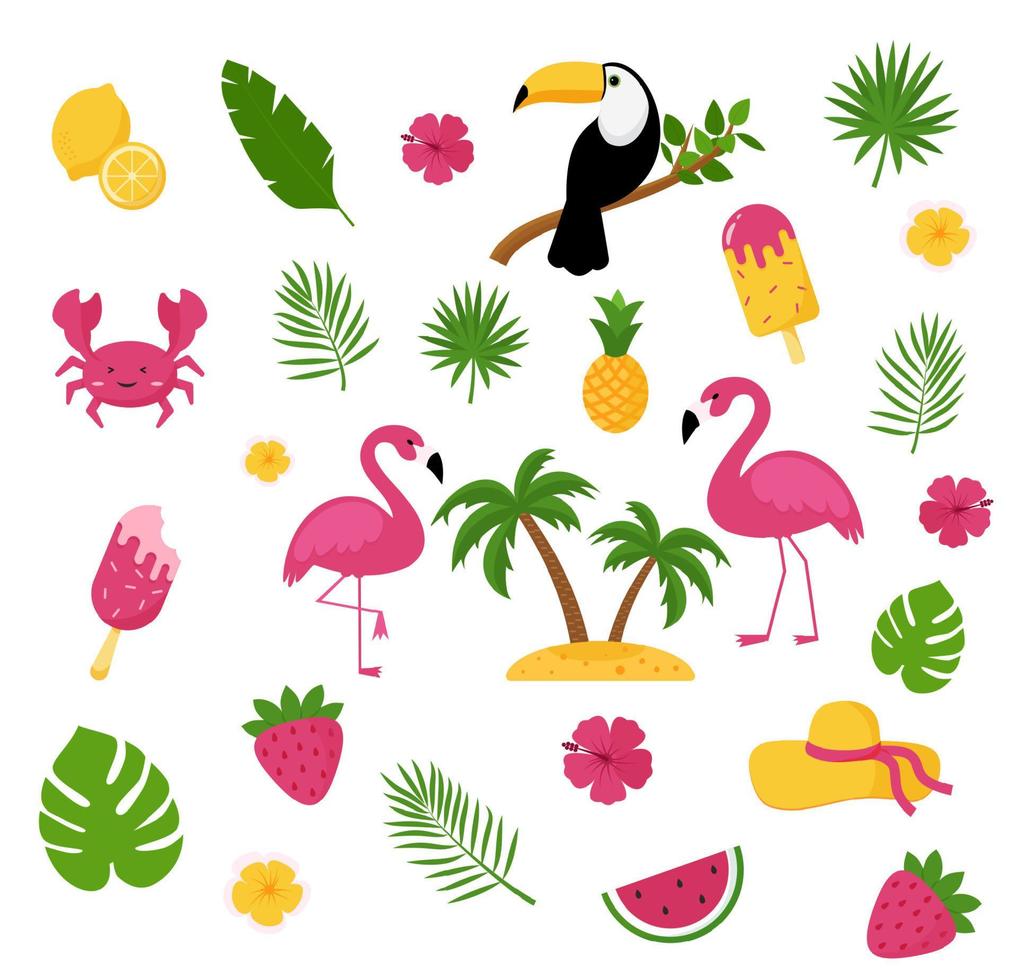 sommerliche Elemente. Fotokabinen-Requisiten für tropische Ferien. flamingo, eiscreme und ananas, blätter und cocktail-, blumen- und smoothiesvektorsatz vektor