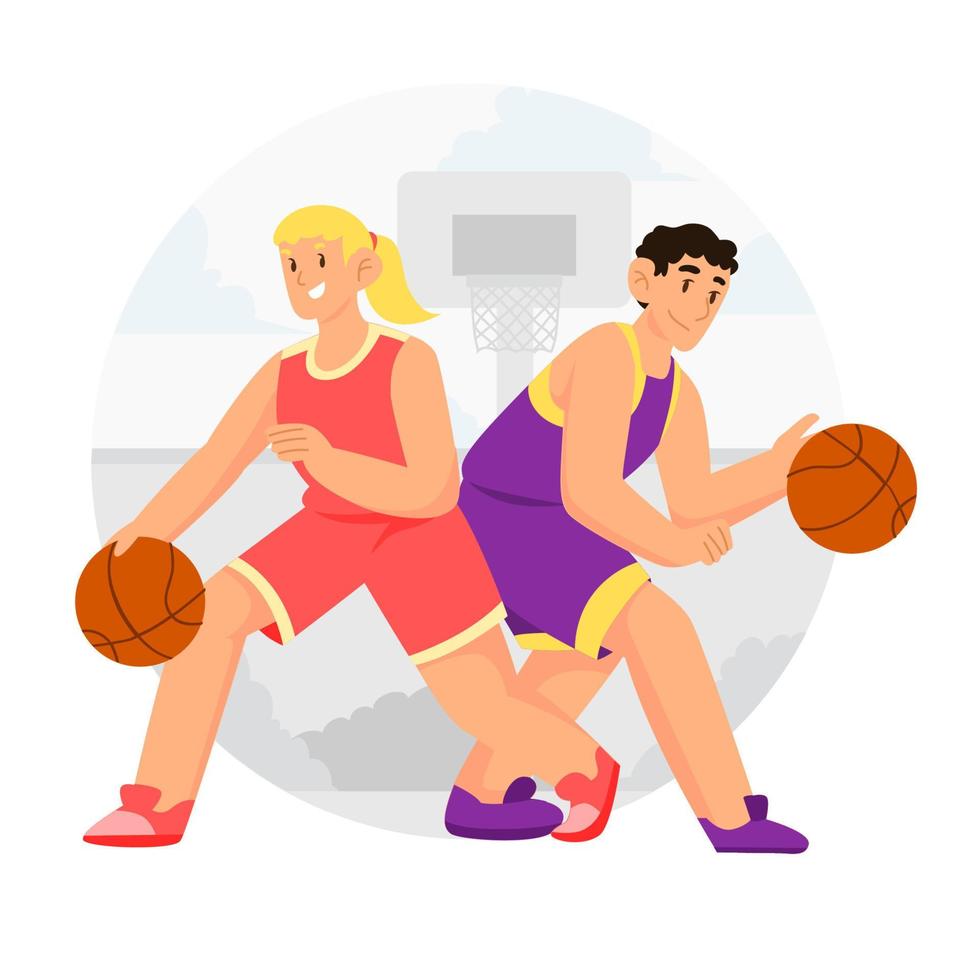 männliche und weibliche Basketballspieler dribbeln vektor