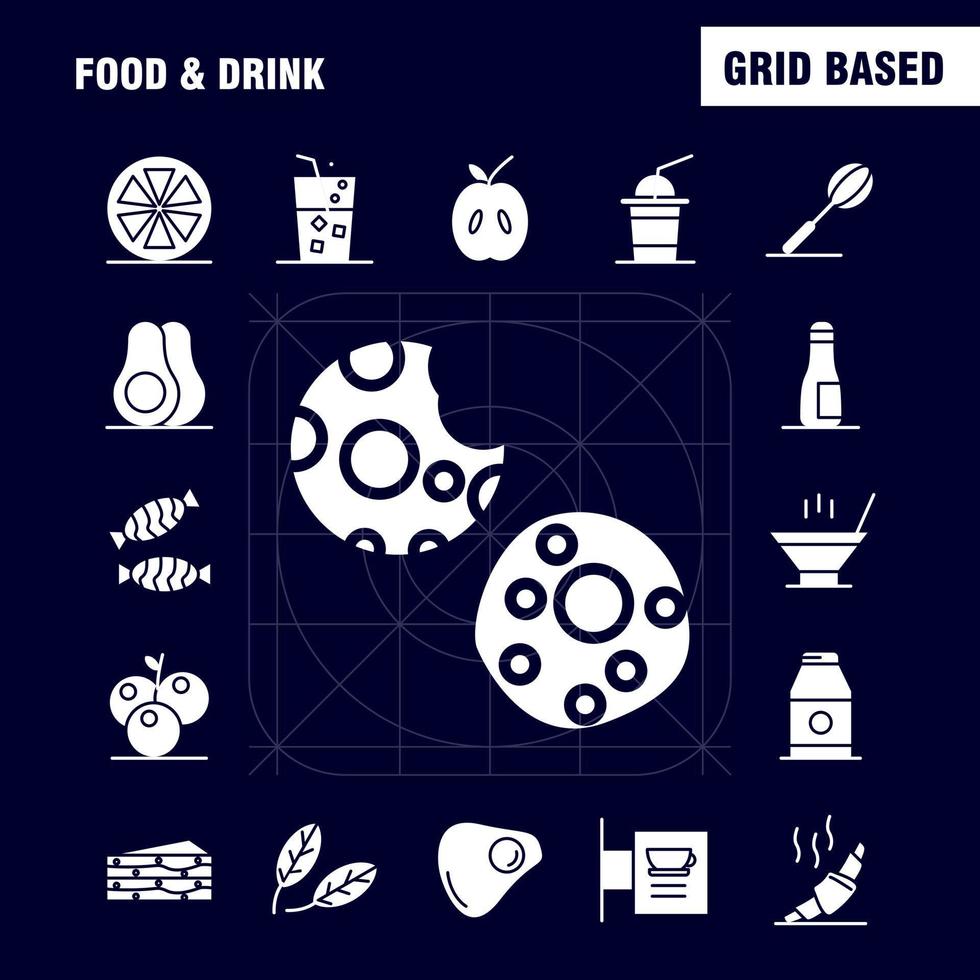 mat och dryck fast glyf ikoner uppsättning för infographics mobil uxui utrustning och skriva ut design inkludera cocktail glas bägare glas vin dryck bakning croissant ikon uppsättning vektor