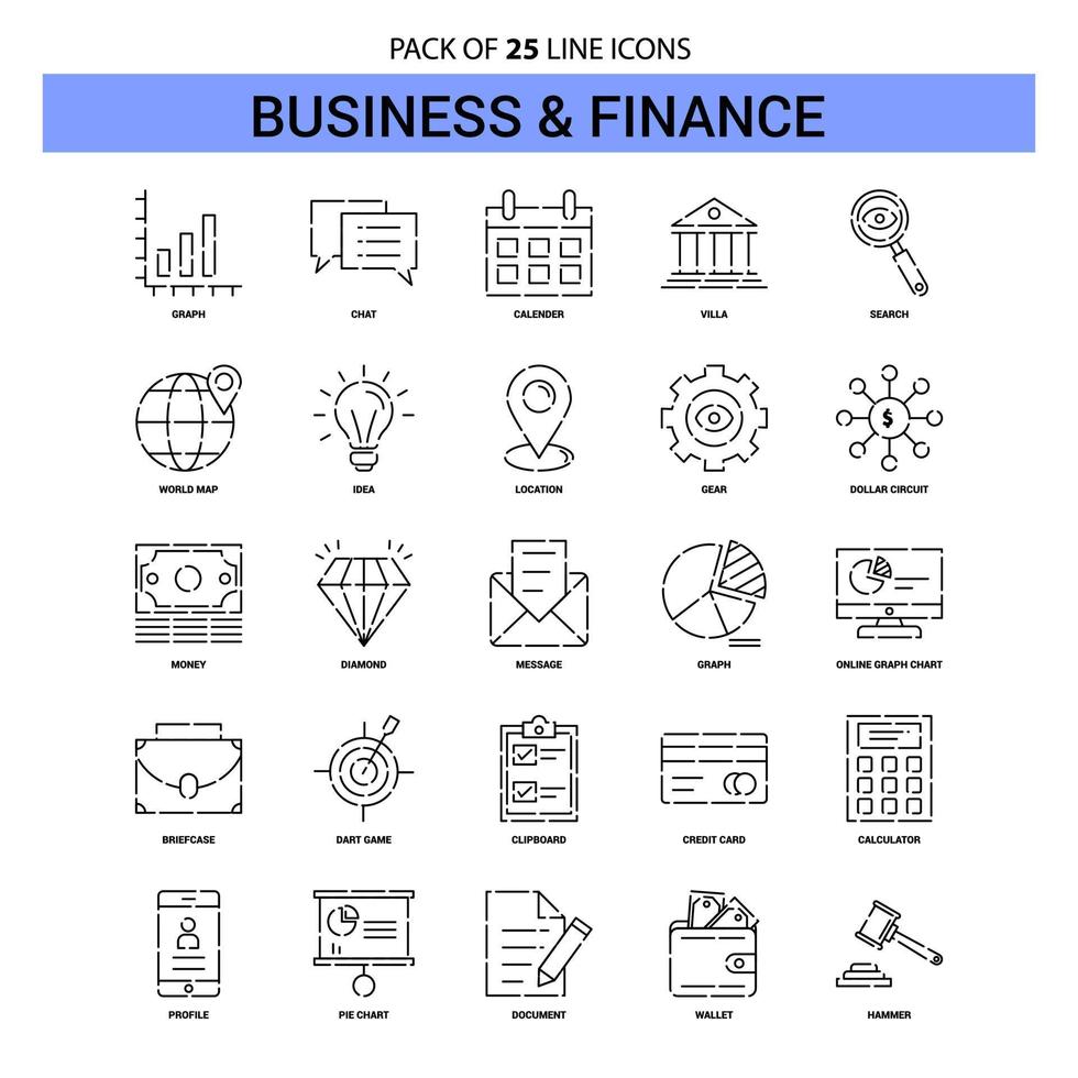 Geschäfts- und Finanzliniensymbolsatz 25 gestrichelter Umrissstil vektor