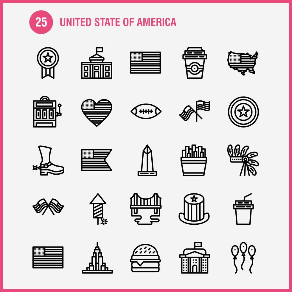USA linje ikon packa för designers och utvecklare ikoner av firande fyrverkeri fest dag hatt presidenter USA boll vektor