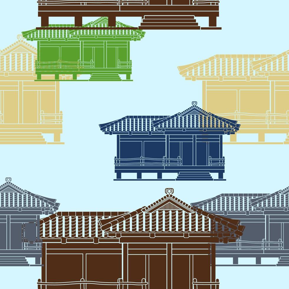editierbarer flacher einfarbiger Stilvektor der japanischen traditionellen Hausillustration der Vorderansicht in verschiedenen Farben für die Schaffung des Hintergrunds der Tourismusreise und der Kultur- oder Geschichtsbildung vektor