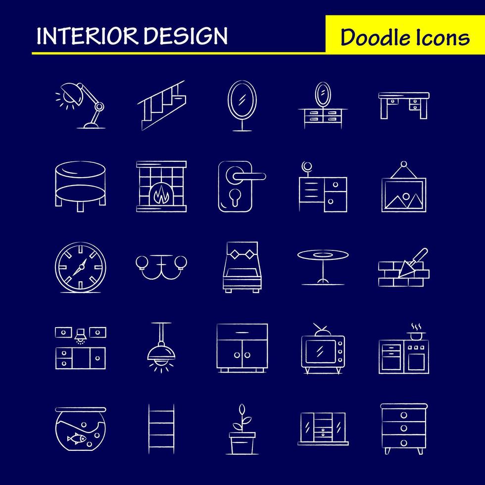 interiör design hand dragen ikoner uppsättning för infographics mobil uxui utrustning och skriva ut design inkludera sovrum skåp möbel hus garderob tv TV hus ikon uppsättning vektor
