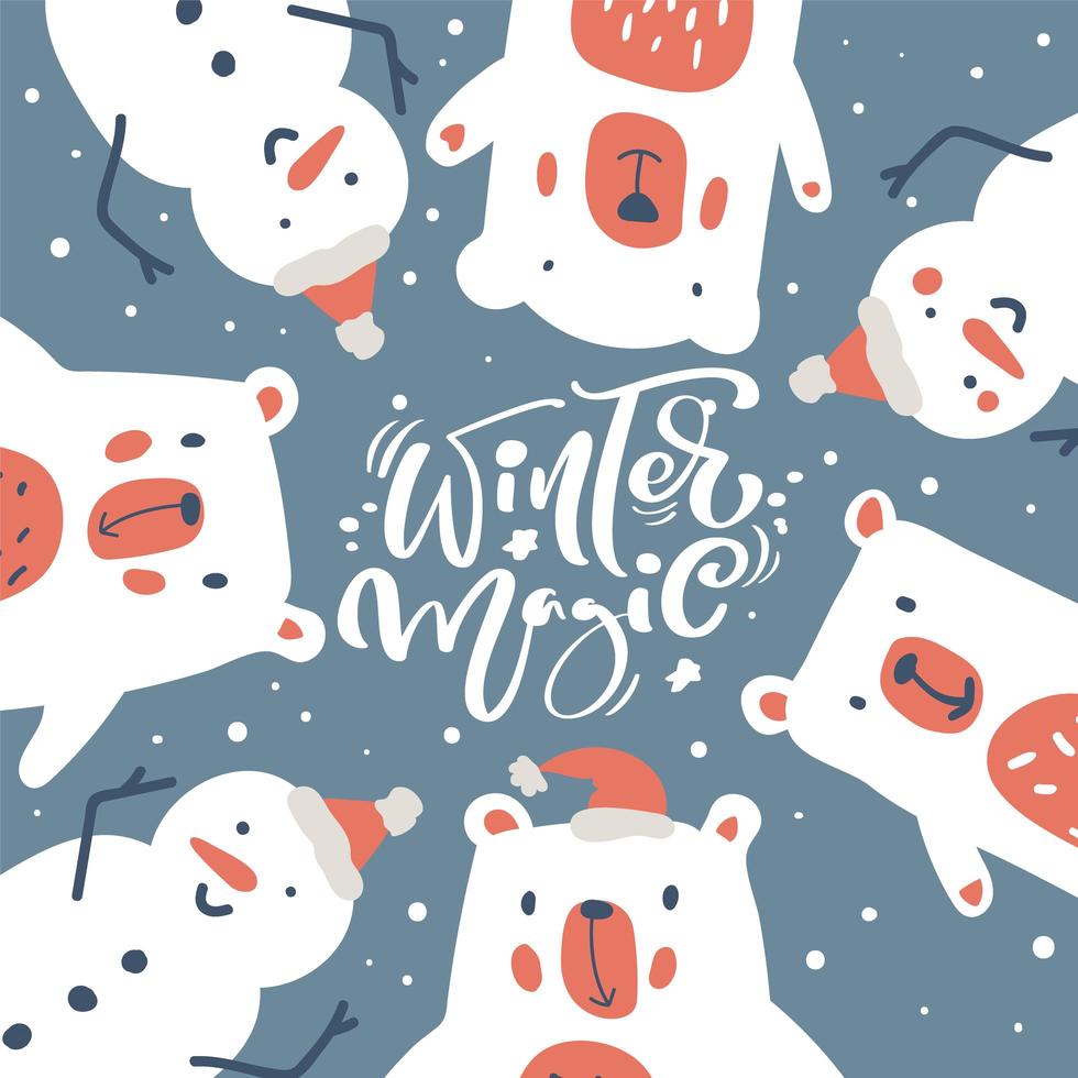 jul gratulationskort med snögubbe och isbjörn vektor