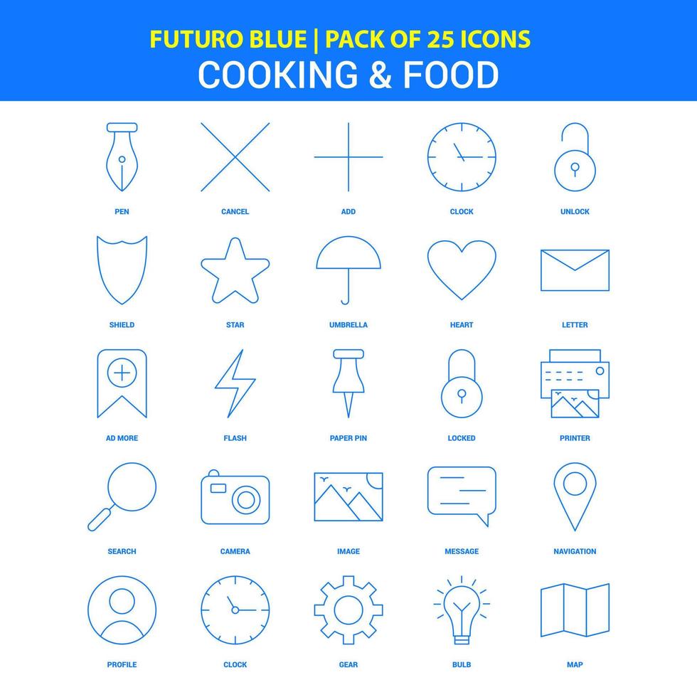 Koch- und Lebensmittelsymbole Futuro Blue 25 Icon Pack vektor