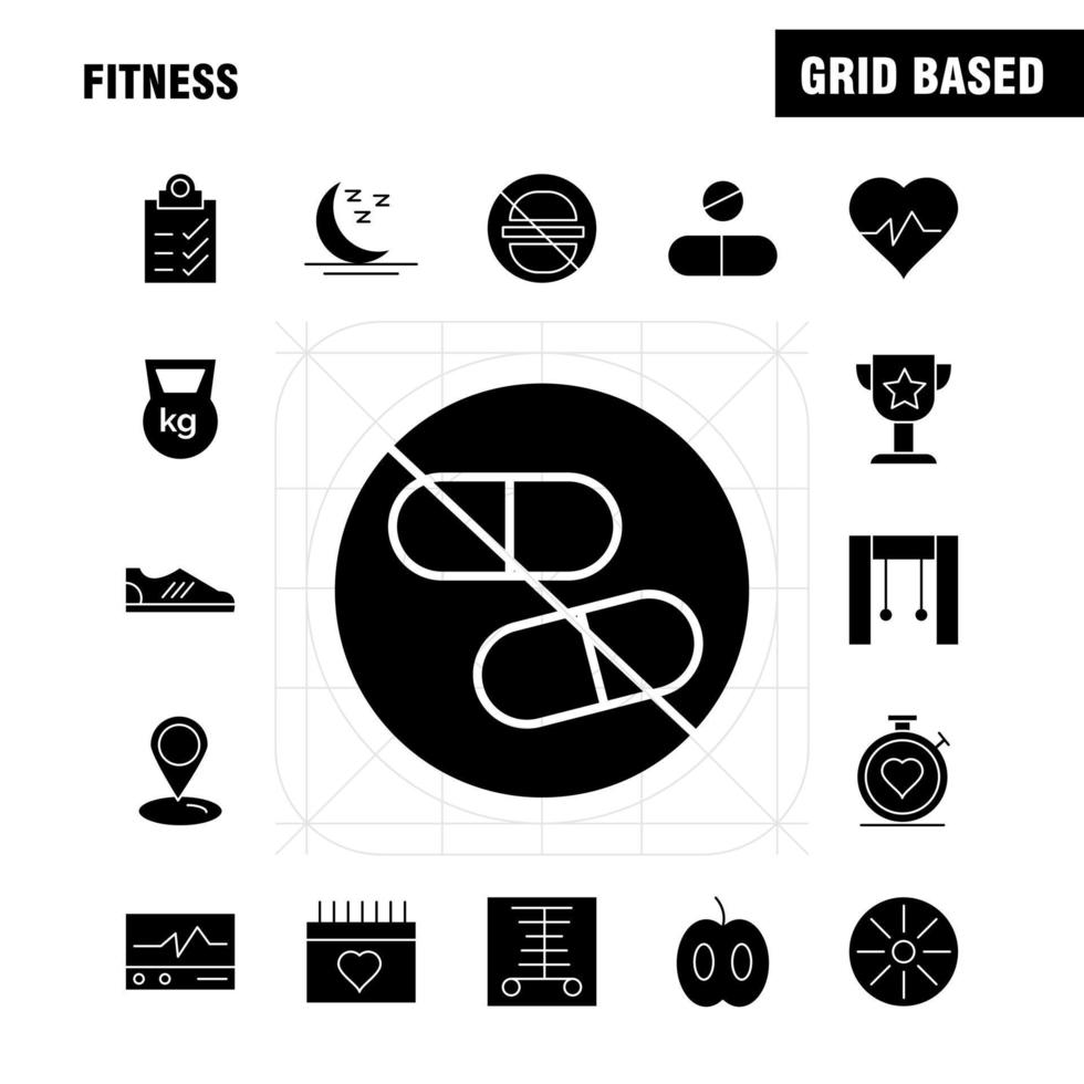 Fitness-Solid-Glyphen-Icon-Pack für Designer und Entwickler Ikonen des medizinischen Scanner-Statistik-Monitors medizinische Fitness-Gesundheits-Fitness-Studio-Vektor vektor