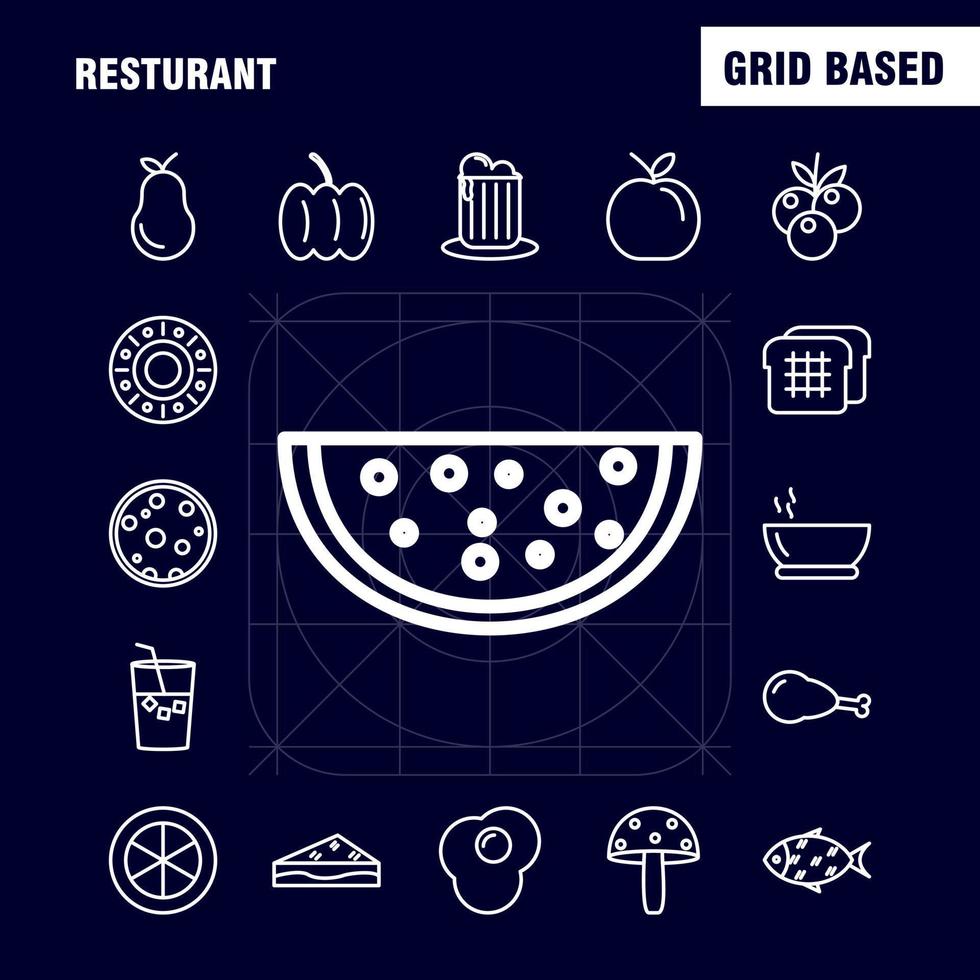 Restaurantzeilensymbole, die für Infografiken, mobiles Uxui-Kit und Druckdesign festgelegt wurden, umfassen Trauben Lebensmittel Mahlzeit Obst Tee Kuchen Lebensmittel Mahlzeit eps 10 Vektor