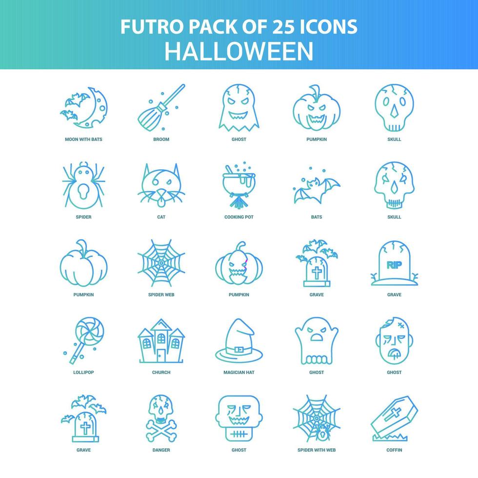 25 grüne und blaue Futuro Halloween Icon Pack vektor