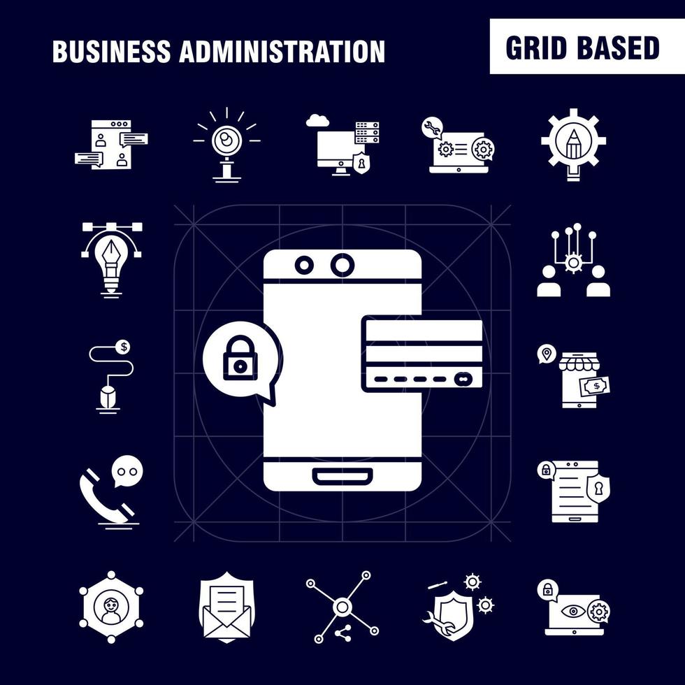 Geschäftsverwaltung solide Glyphen-Symbole für Infografiken, mobiles Uxui-Kit und Druckdesign, einschließlich Internet-Einstellung, Einstellung, Ausrüstung, Globus, T-Shirt, Sport, Eps 10, Vektor