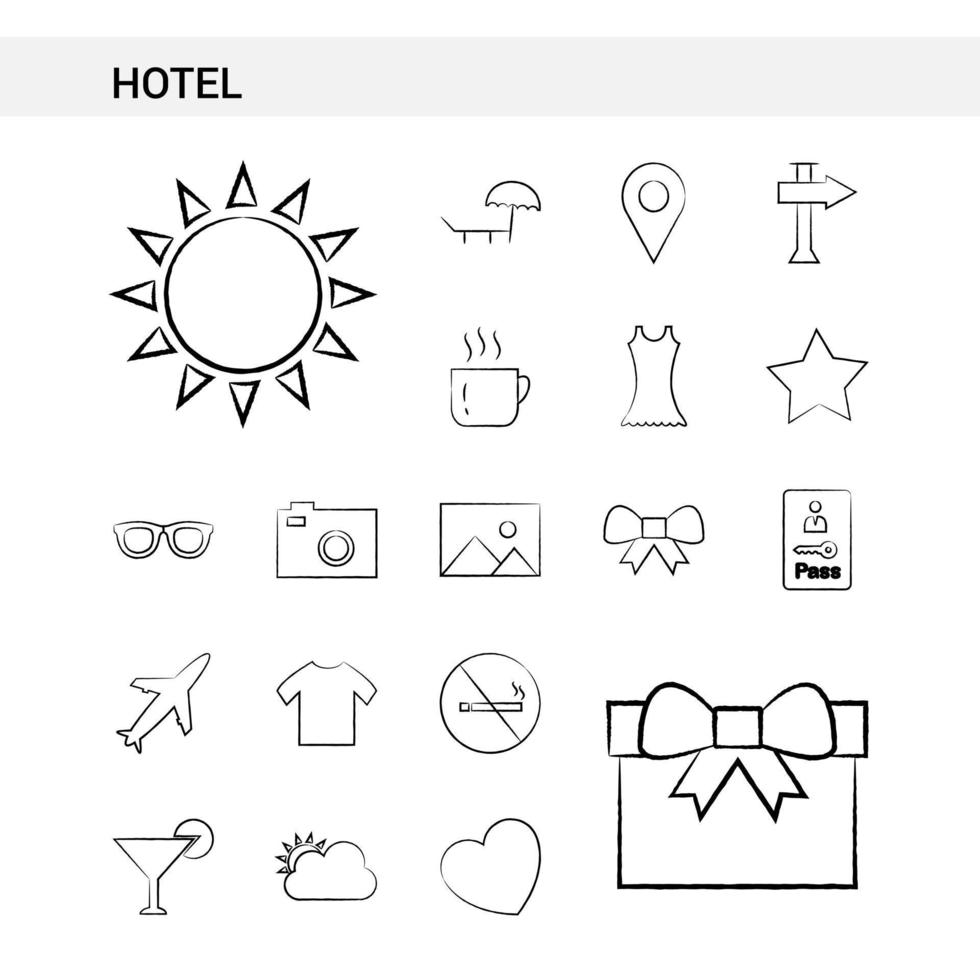 gesetzte Art der gezeichneten Ikone des Hotels Hand lokalisiert auf weißem Hintergrundvektor vektor