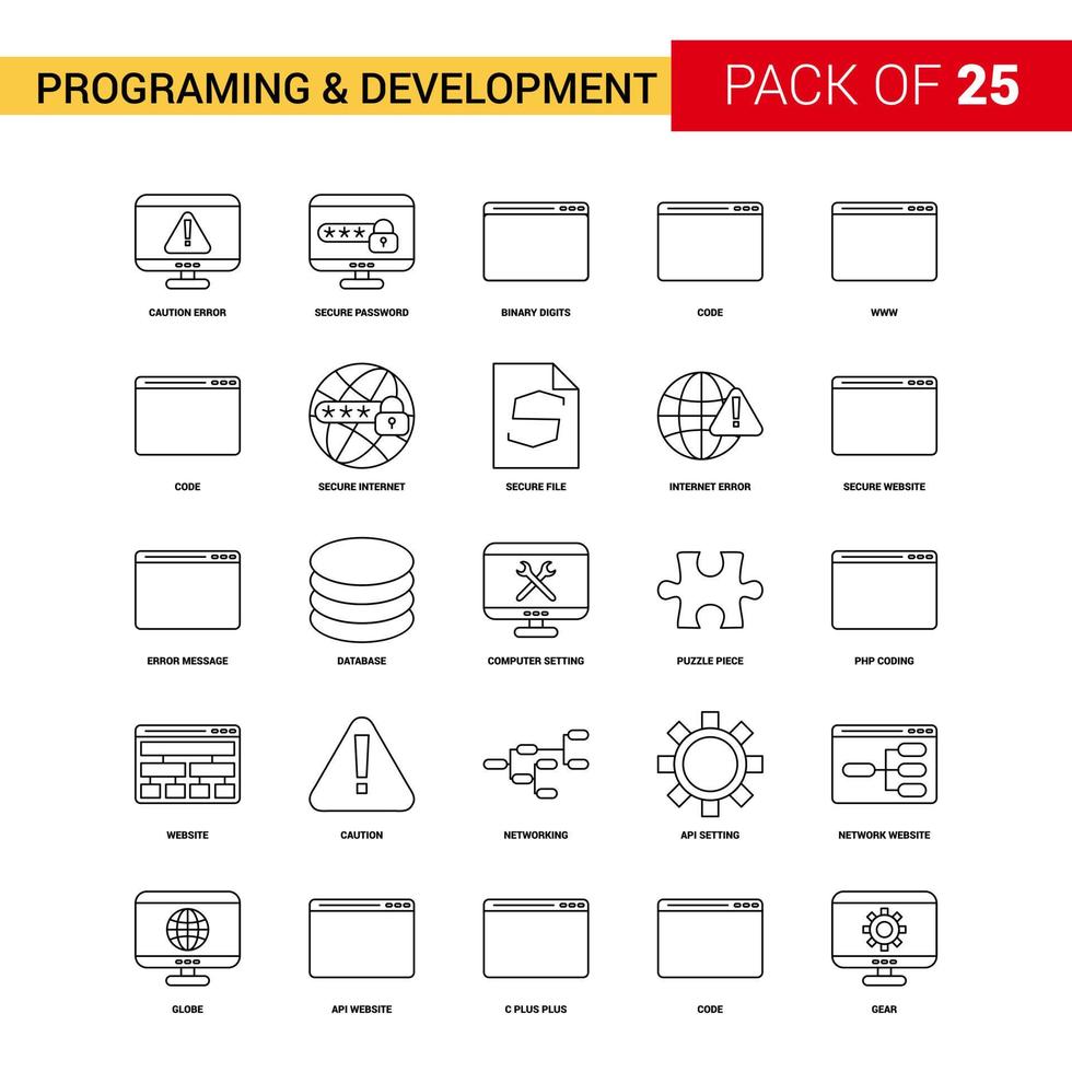 programmering och utveckling svart linje ikon 25 företag översikt ikon uppsättning vektor