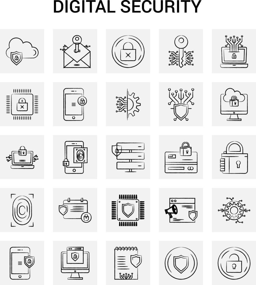 25 hand dragen digital säkerhet ikon uppsättning grå bakgrund vektor klotter