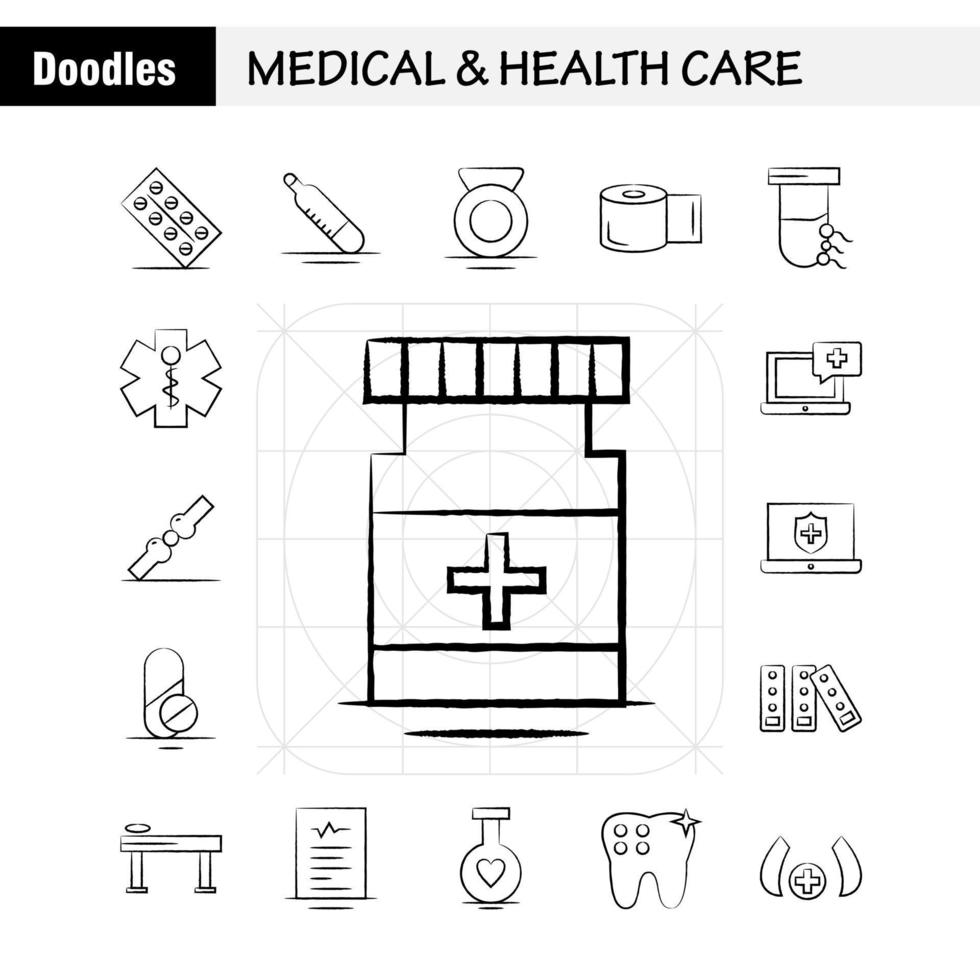 handgezeichnetes Symbol für Medizin und Gesundheitswesen für Webdruck und mobiles Uxui-Kit wie Medizintablette Krankenhaus misst medizinische medizinische Geräte Piktogrammpaketvektor vektor