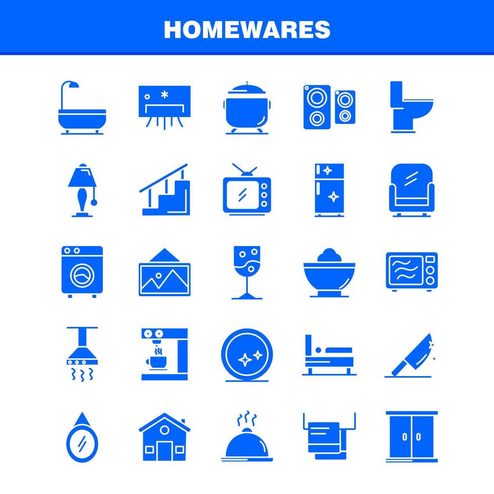Haushaltswaren solide Glyphensymbole, die für Infografiken, mobiles Uxui-Kit und Druckdesign festgelegt wurden, umfassen Haushaltsgeräte, Haushaltswaren, Hauspfanne, Badezimmermöbel, Symbolsatz, Vektor