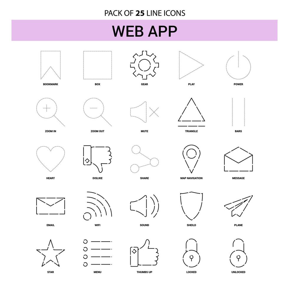 Web-App-Liniensymbolsatz 25 gestrichelter Umrissstil vektor