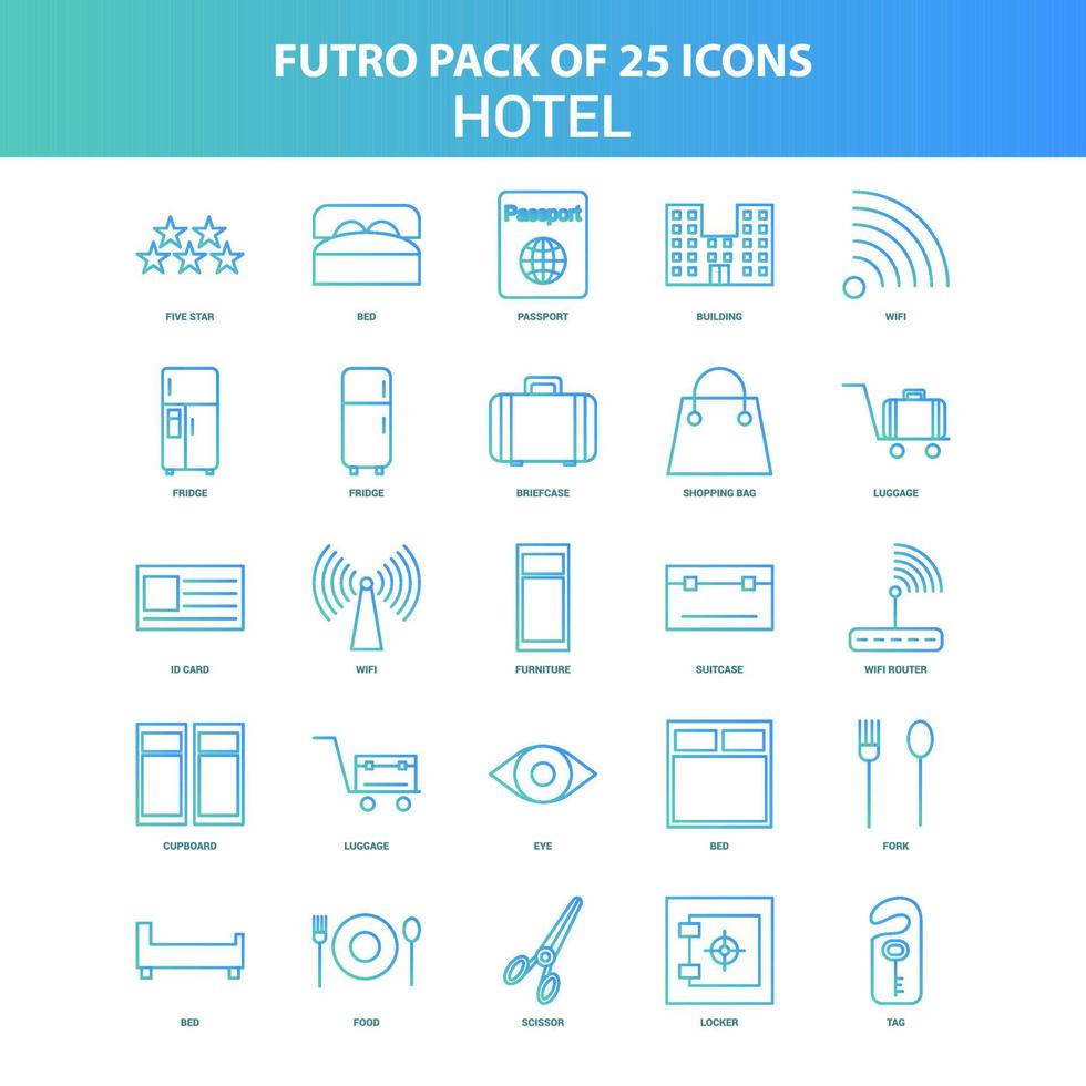 25 grüne und blaue Futuro-Hotel-Icon-Packs vektor