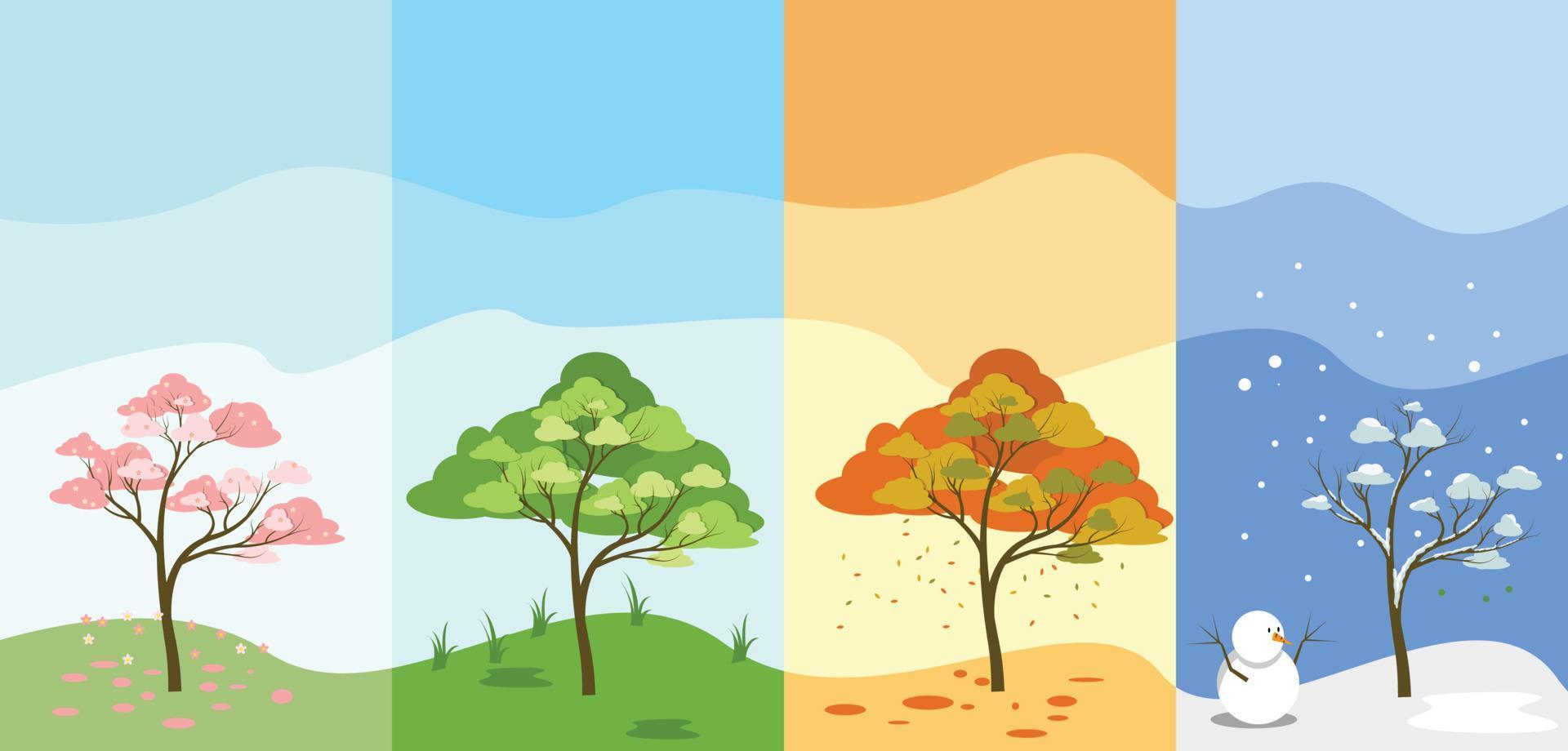 4 säsong träd med landskap Allt säsong annorlunda i miljö vektor