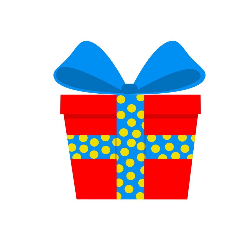 Geschenk in einer roten Schachtel mit blauem Tupfenband. überraschen Sie mit einer schönen Schleife. flacher Stil. für ein Logo, Banner oder eine Postkarte. Vektorillustration auf einem weißen getrennten Hintergrund. vektor