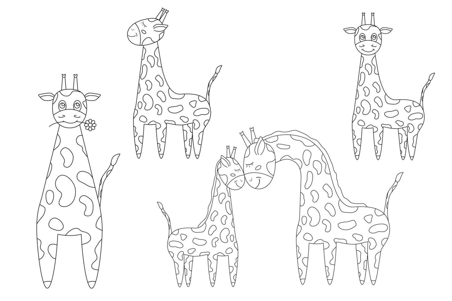 Prinzipdarstellung von Giraffen zum Ausmalen. kinderillustration mit tieren zum ausmalen. Schwarz und weiß. vektor