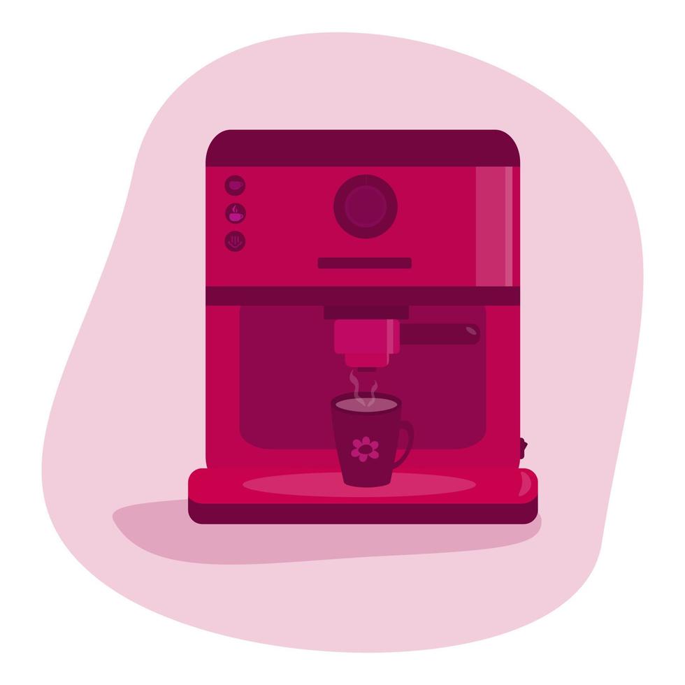 Illustration einer Burgunder-Kaffeemaschine mit einem Becher. Vektor im flachen Stil