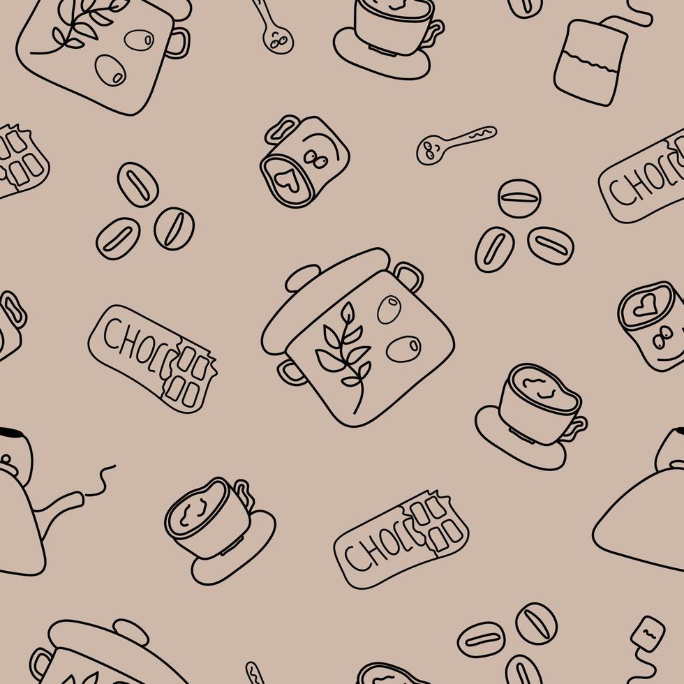Nahtloses Muster mit Utensilien und Essen im Doodle-Stil auf braunem Hintergrund vektor