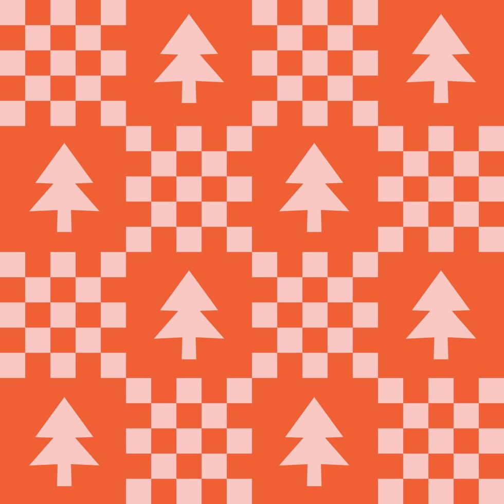 söt y2k patchwork jul sömlös mönster bakgrund med xmas träd ikon, svartvit röd rosa checkerboard bakgrund. modern, trendig vektor design, estetisk retro atmosfär skriva ut för textil, tapet