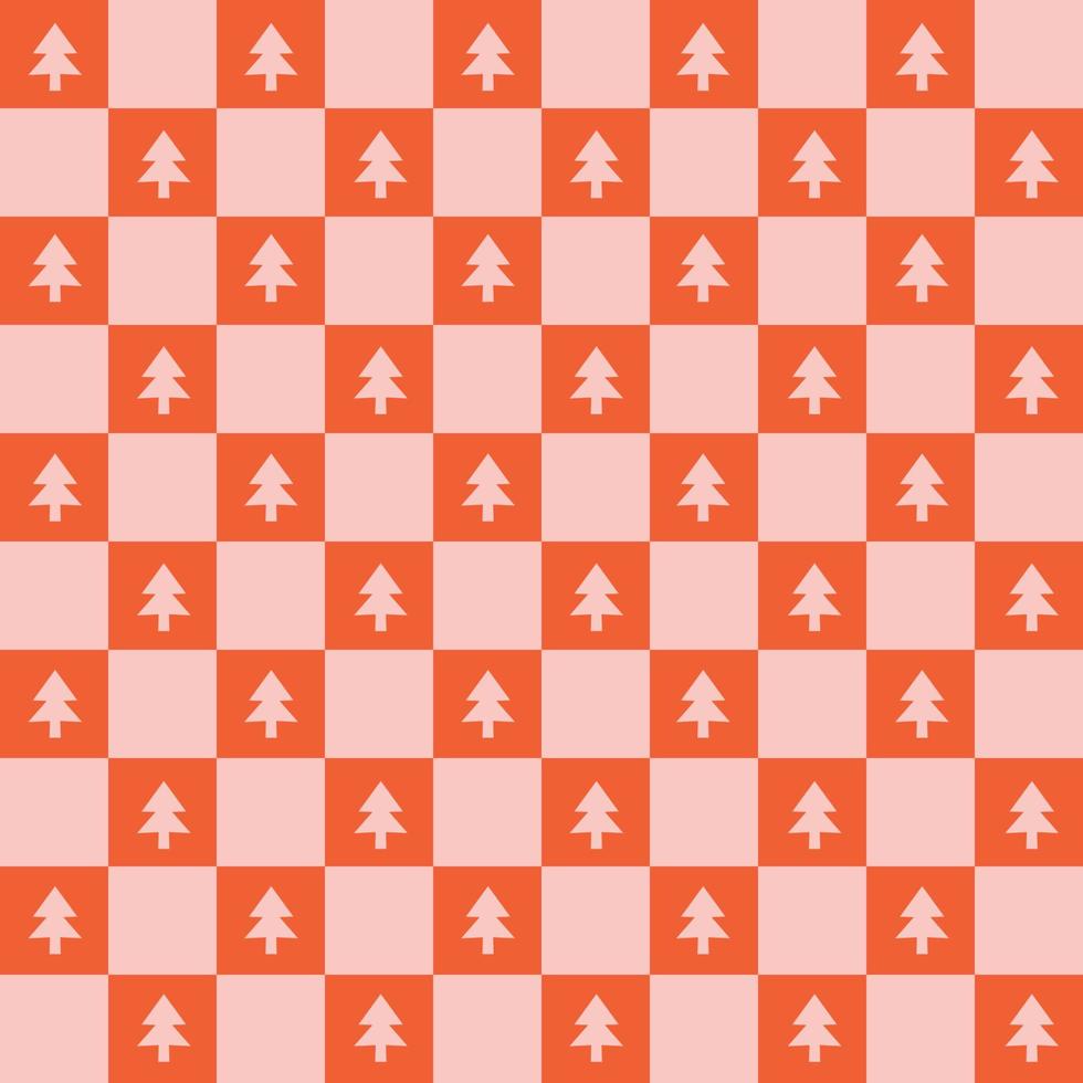 söt retro årgång jul checkerboard y2k sömlös mönster vektor bakgrund. abstrakt festlig röd och rosa upprepa textur tapet med xmas träd ikon silhuett, modern trendig textil- design