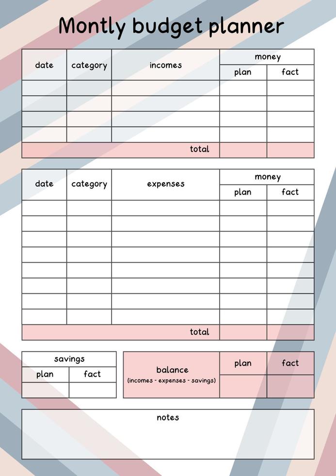 Budgetplaner monatliche Vorlagenseite. Finanzplan der Einnahmen, Ausgaben und Ersparnisse im Monat. Geldbuchhaltung für Familie oder Unternehmen. Vektorflar minimalistischer druckbarer Rohling vektor