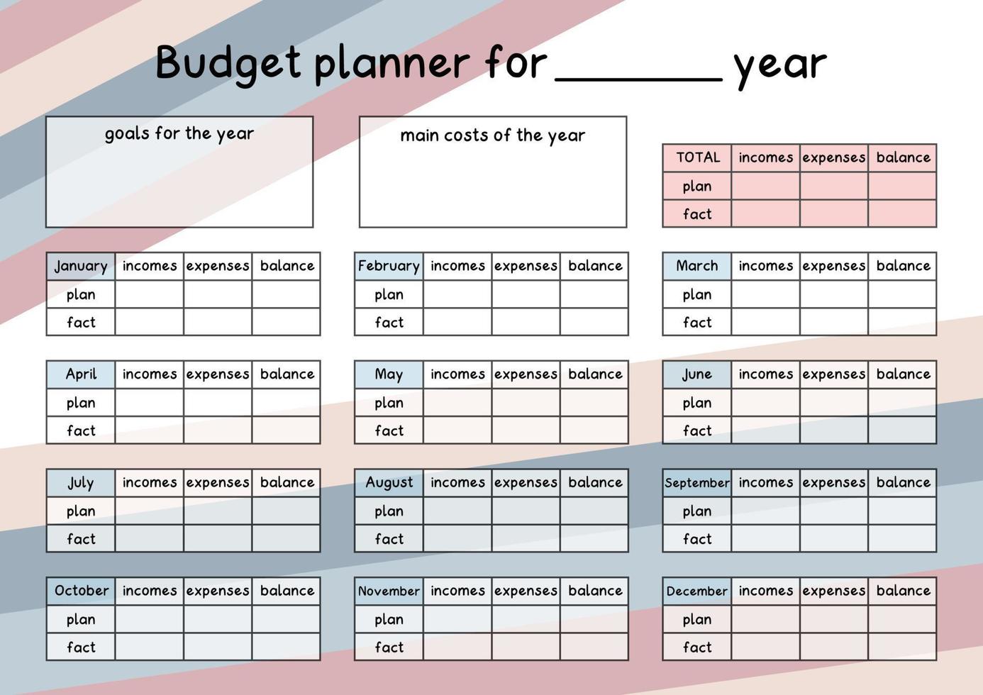 Vorlagenseite für den Jahresbudgetplaner. monatlicher Finanzplan der Einnahmen, Ausgaben und Ersparnisse. Geldbuchhaltung für Familie oder Unternehmen. vektor flar minimalistisch horizontal a4 a5 leer