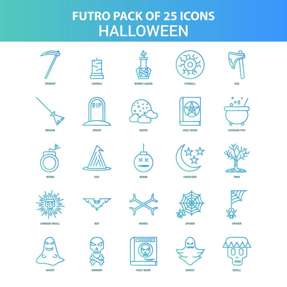 25 grüne und blaue Futuro Halloween Icon Pack vektor