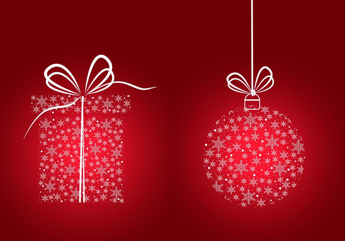 jul kort. gåva och boll med vit snöflingor på röd bakgrund.vektor illustration vektor