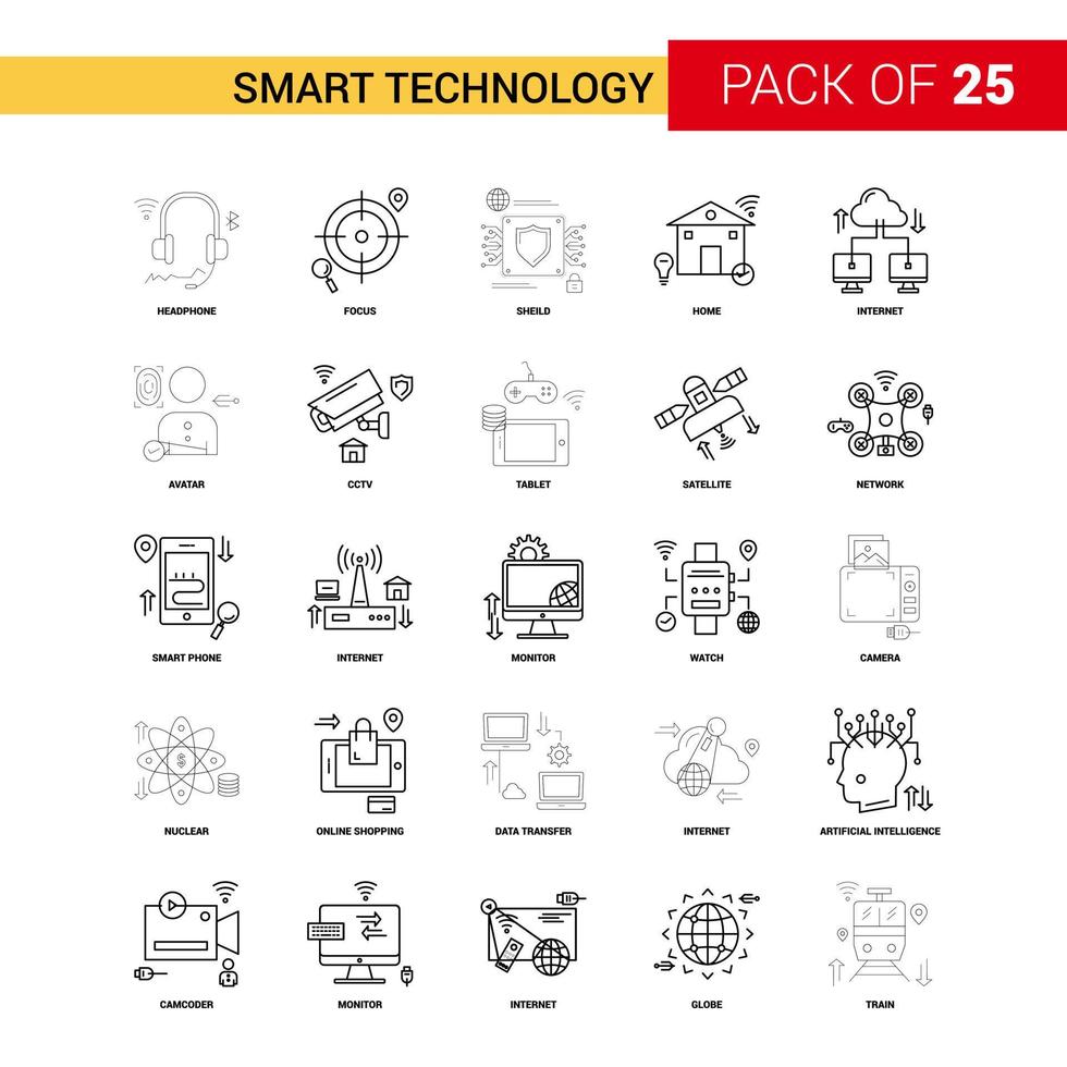 smart teknologi svart linje ikon 25 företag översikt ikon uppsättning vektor