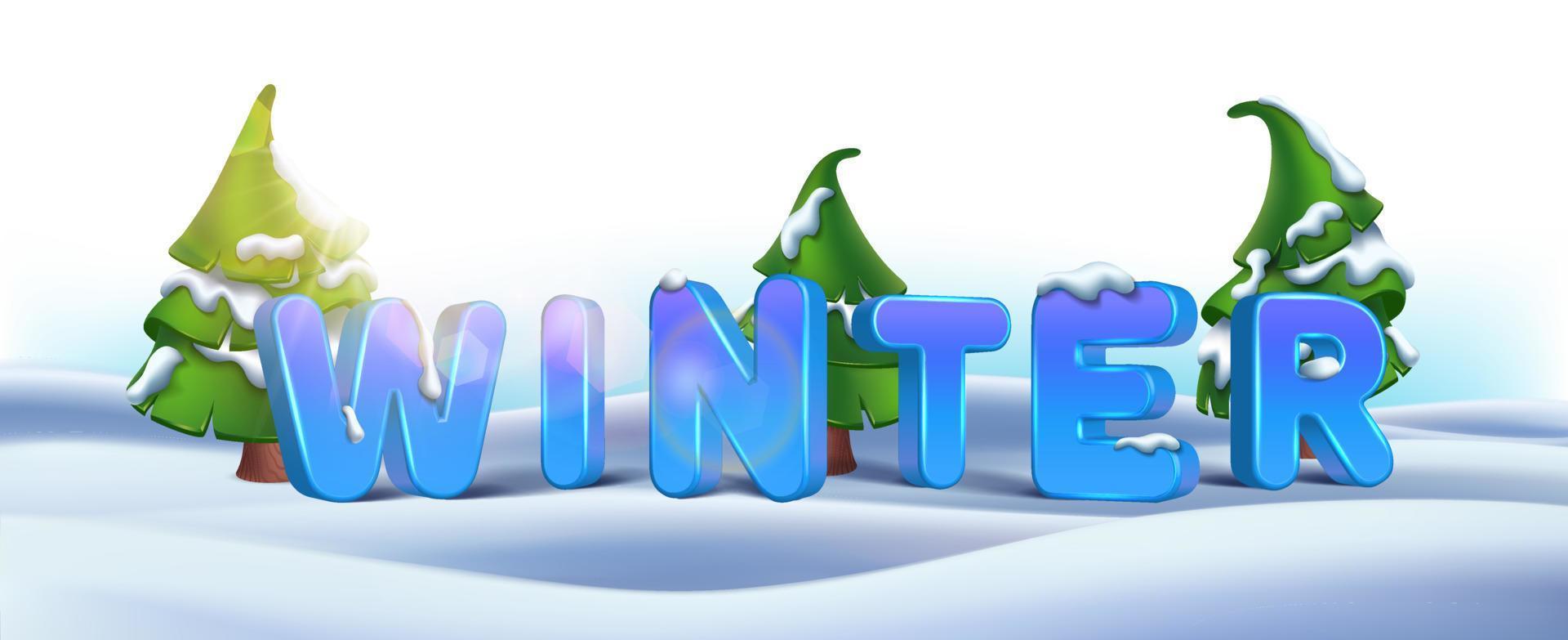 vektorrealistischer weihnachts- und neujahrshintergrund, banner, flyer, grußkarte, postkarte. horizontale Ausrichtung. 3D-Buchstaben Winter mit Schnee und Bäumen. vektor