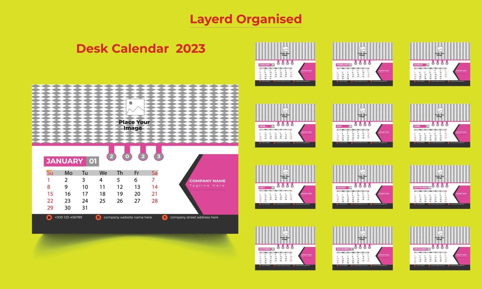 ny år 2023 skrivbord kalender mall, skrivbord kalender mall, 12 månad inkluderad skrivbord kalender, 12 sida företag skrivbord kalender vektor