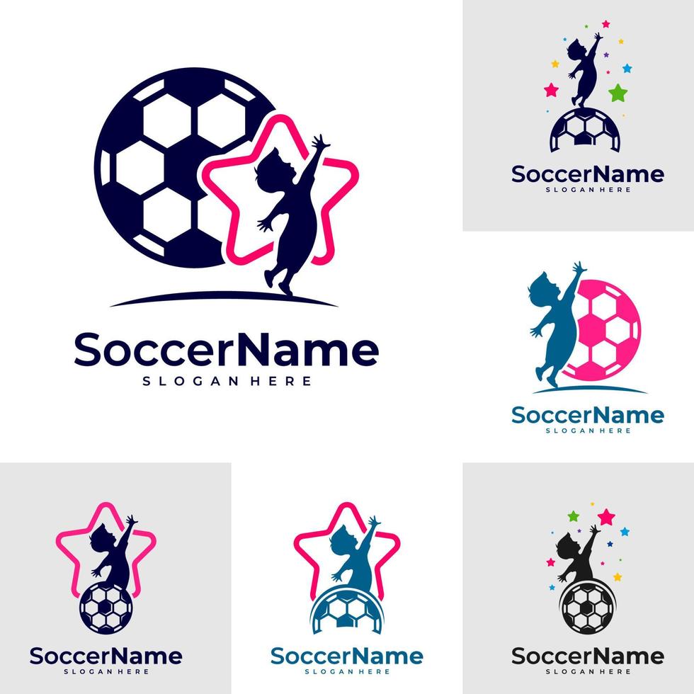 uppsättning av barn fotboll logotyp mall, fotboll logotyp design vektor