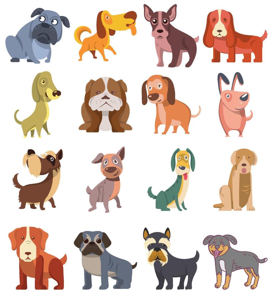 söt rolig tecknad serie med annorlunda hund vektor valp sällskapsdjur tecken samling. hårig mänsklig vänner Hem djur