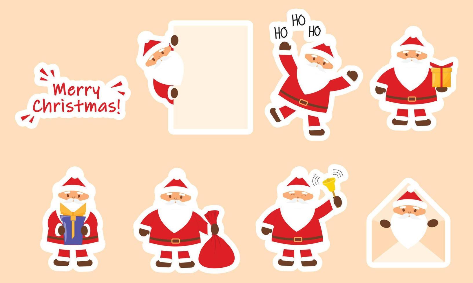 uppsättning av många santa claus och glad jul text i tecknad serie stil. Lycklig santa claus med presenterar, klocka och papper, hej, hej, hej, röd väska och innesluta. vektor illustration.