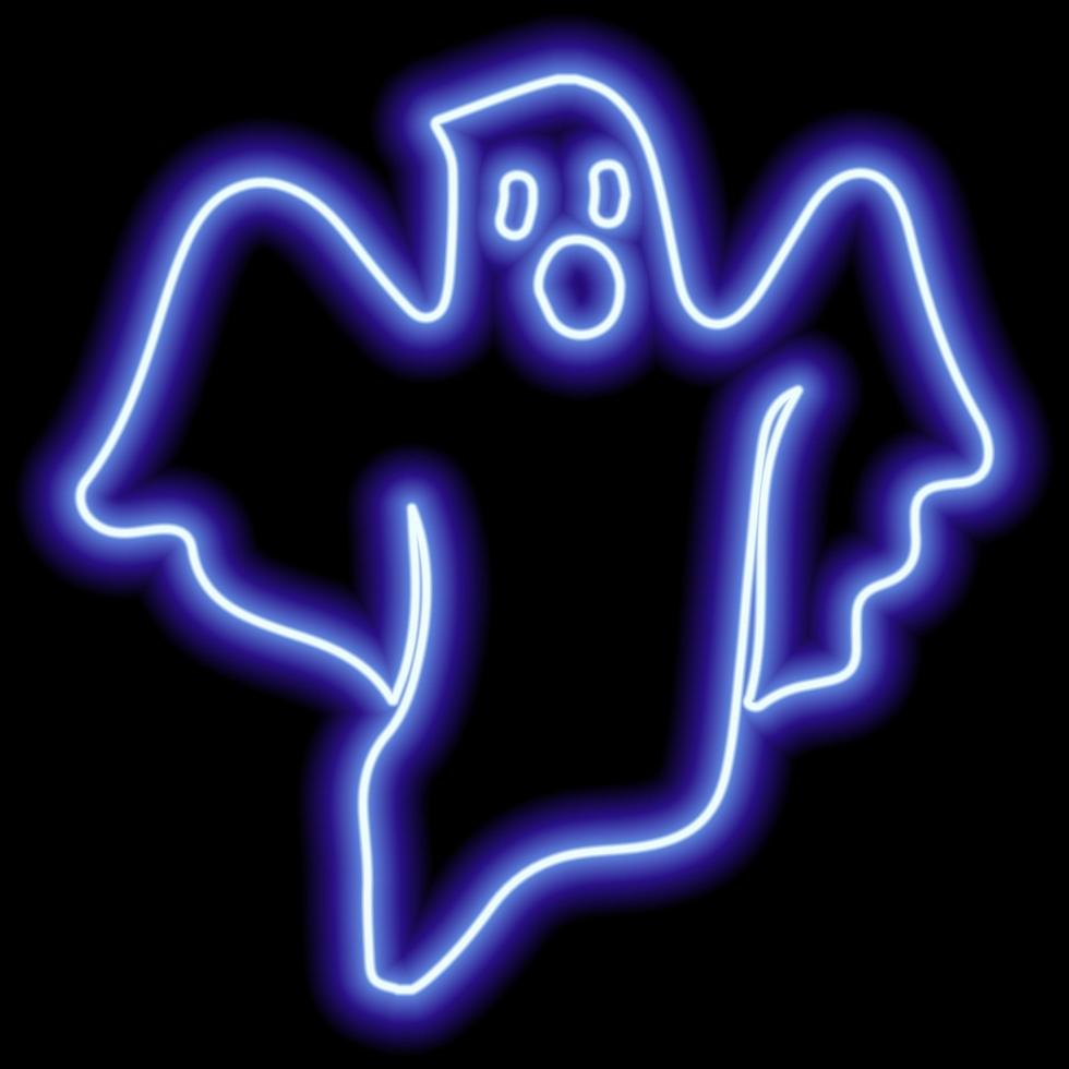 Neonblauer Umriss fliegender Geist auf schwarzem Hintergrund. Halloween-Symbol. vektor