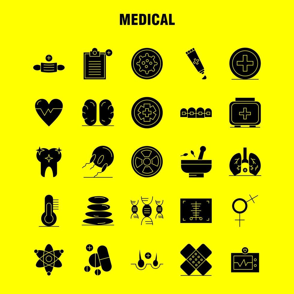 Medizinische solide Glyphen-Symbole, die für Infografiken, mobiles Uxui-Kit und Druckdesign festgelegt wurden, umfassen Krankenhaus-Scanner-Statistiken aus Stein Spa-Gesundheitsmaske eps 10 Vektor