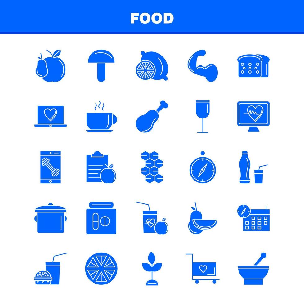 Lebensmittel-Solid-Glyph-Symbol für Webdruck und mobiles Uxui-Kit wie Zitronen-Lebensmittel-Obst-Gesundheits-Burger-Getränk-Fast-Food-Piktogramm-Pack-Vektor vektor