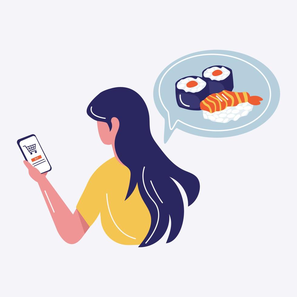 Ein Mädchen mit einem Telefon bestellt Sushi-Essen vektor